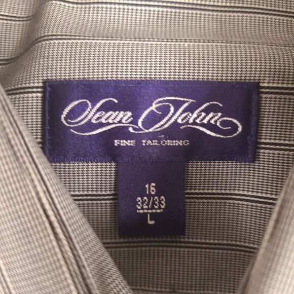Sean John Dress Shirt Men's Large 16 32/33 Gray Striped Fine Tailoring Button Up - Picture 3 of 13